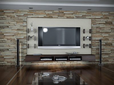 Three-dimensional visualization of living room arrangement. Modern modular wall unit consists of individual pieces that can be arranged to create an excellent design solution for any living room.